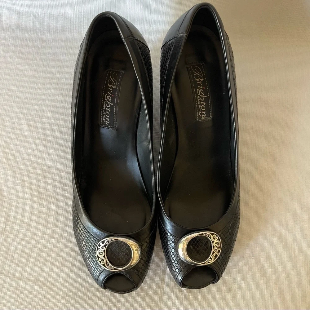 Brighton Nelly Black Leather Peep Toe Wedge Heels